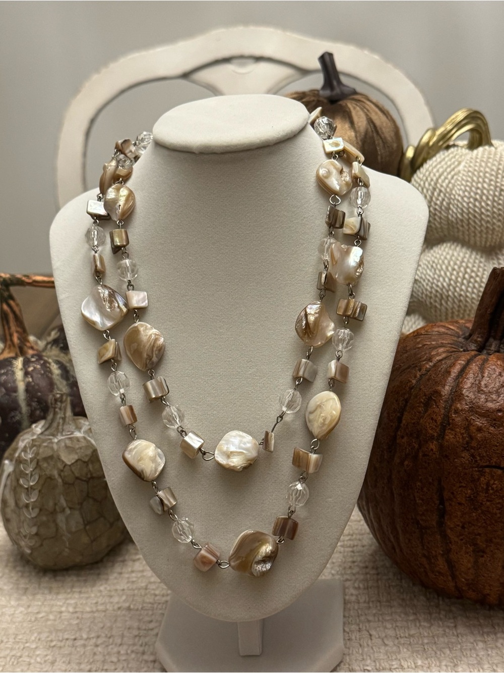 Classic Cream Shell & Crystal Double Strand Necklace